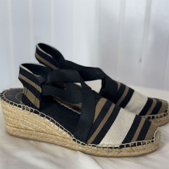 Toni Pons Origens Espadrille Wedges 37 Black Stripe Spain Boho Coastal Summer - Picture 1 of 5